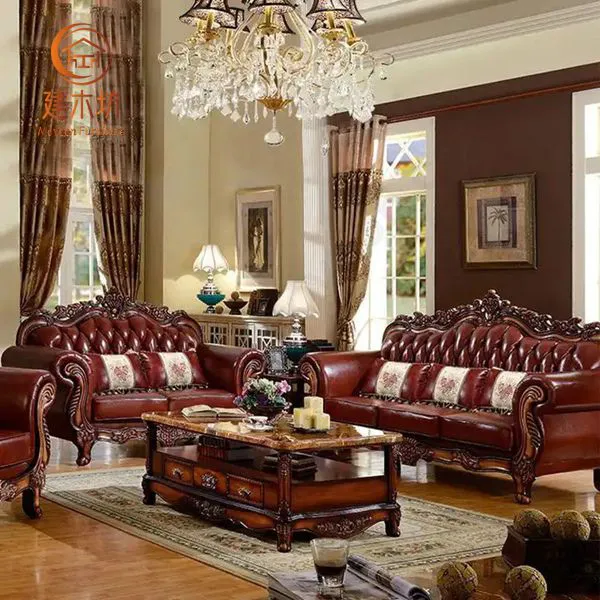 High quality wood carved leather sofa furniture Hot selling luxury brown vintage leather sofa