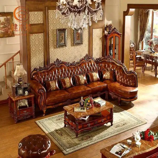 High quality wood carved leather sofa furniture Hot selling luxury brown vintage leather sofa