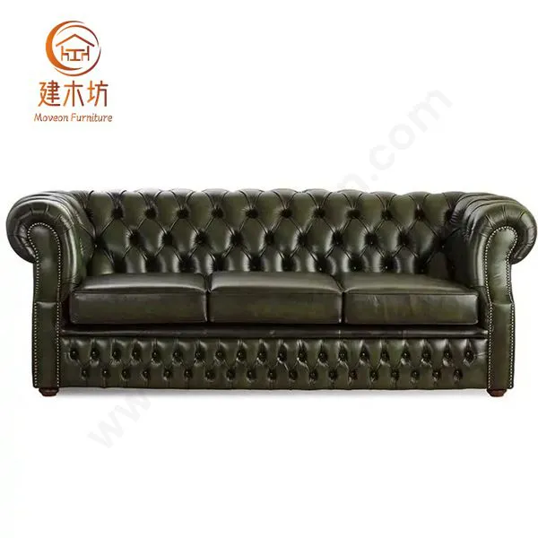 Tufted Vintage Genuine Leather Chesterfield Sofa With Chrome Casters