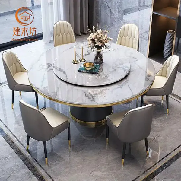 New Modern Design Dining Room Kitchen Furniture Sintered Stone Table top Metal Base Round Dining Table Set